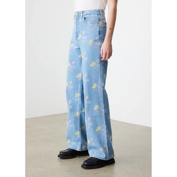 GANNI Floral Print Denim Core Magny Wide Straight Jeans Bleach Light Blue 25 - Picture 2 of 15